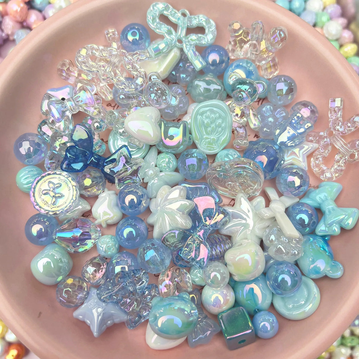 20g Y2K Acrylic Mixed Bowknot, Flower, and Heart Beads for DIY Jewelry – Blue