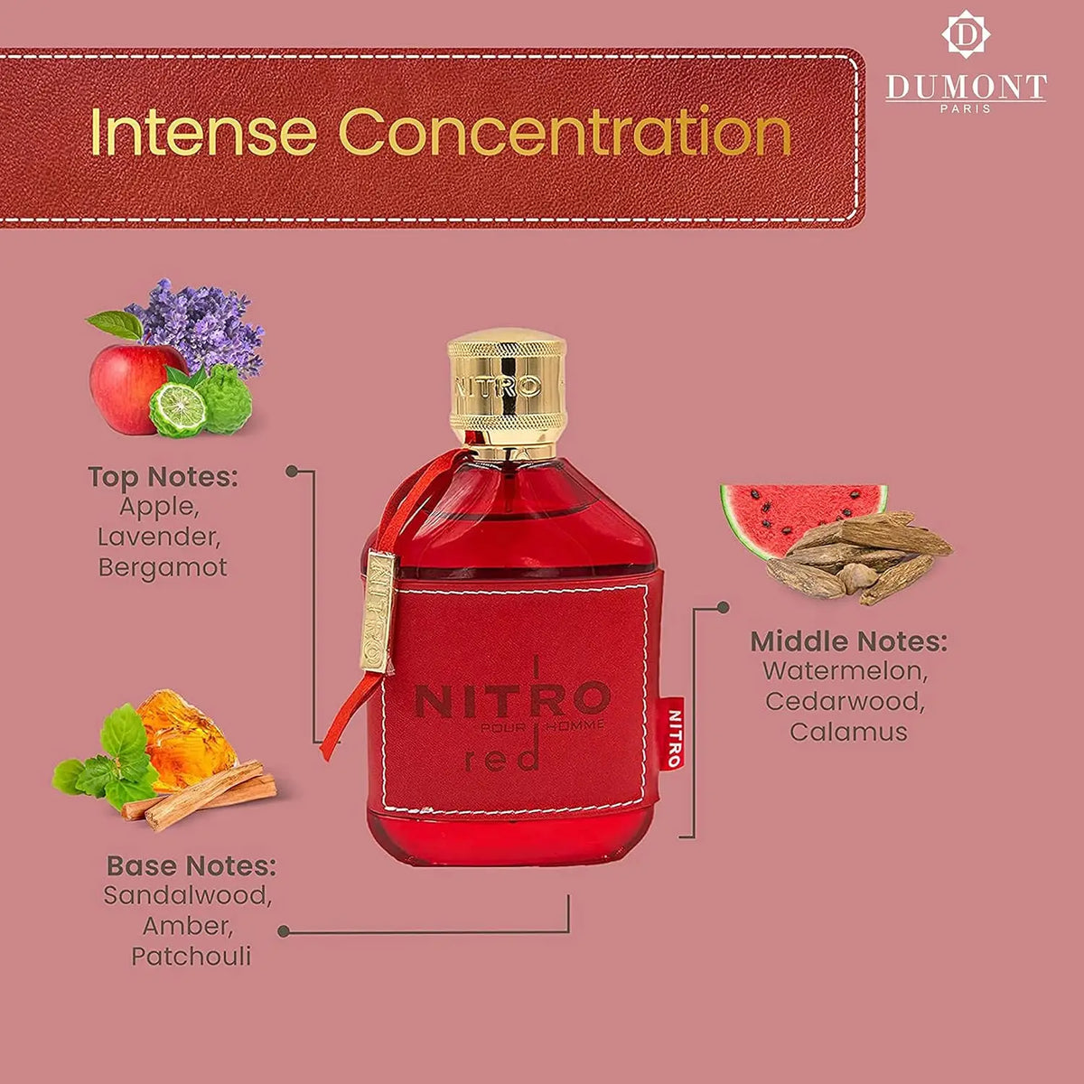 A red perfume bottle surrounded by illustrations of its scent ingredients like apple, bergamot, and sandalwood.
