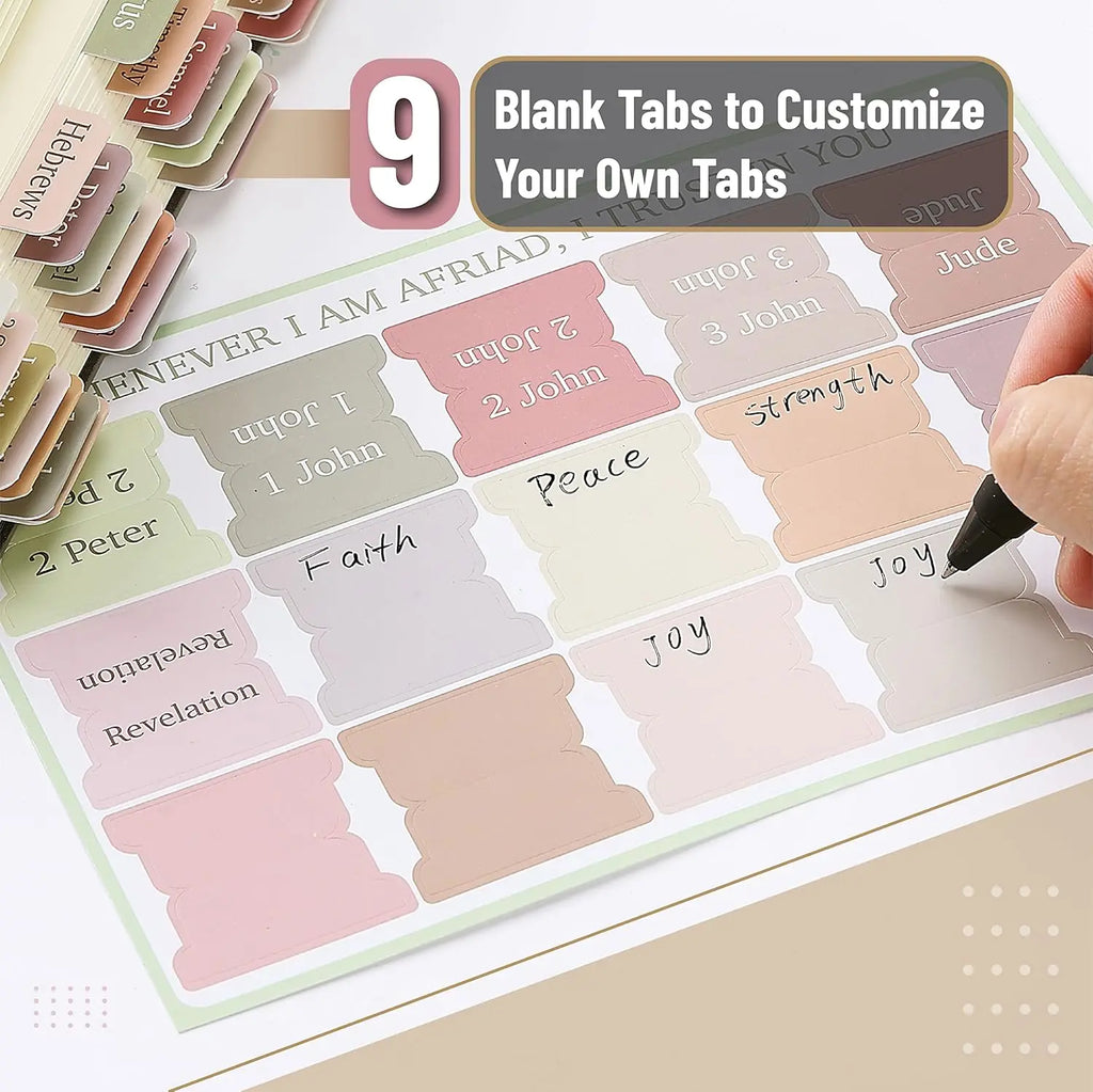 Hand applying a blank customizeable bible index tab with a pen.