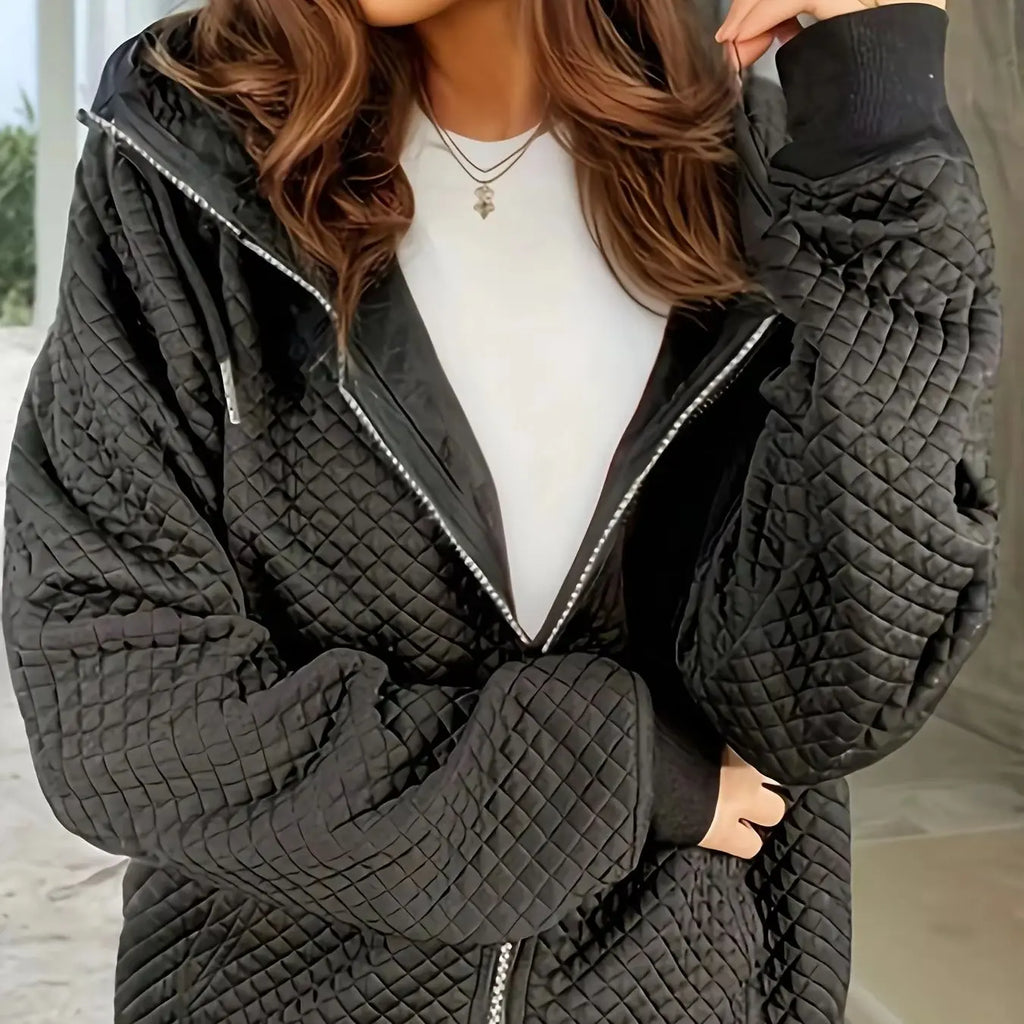 Plus Size Black Diamond Quilted Zip-Up Jacket with Hood – Black