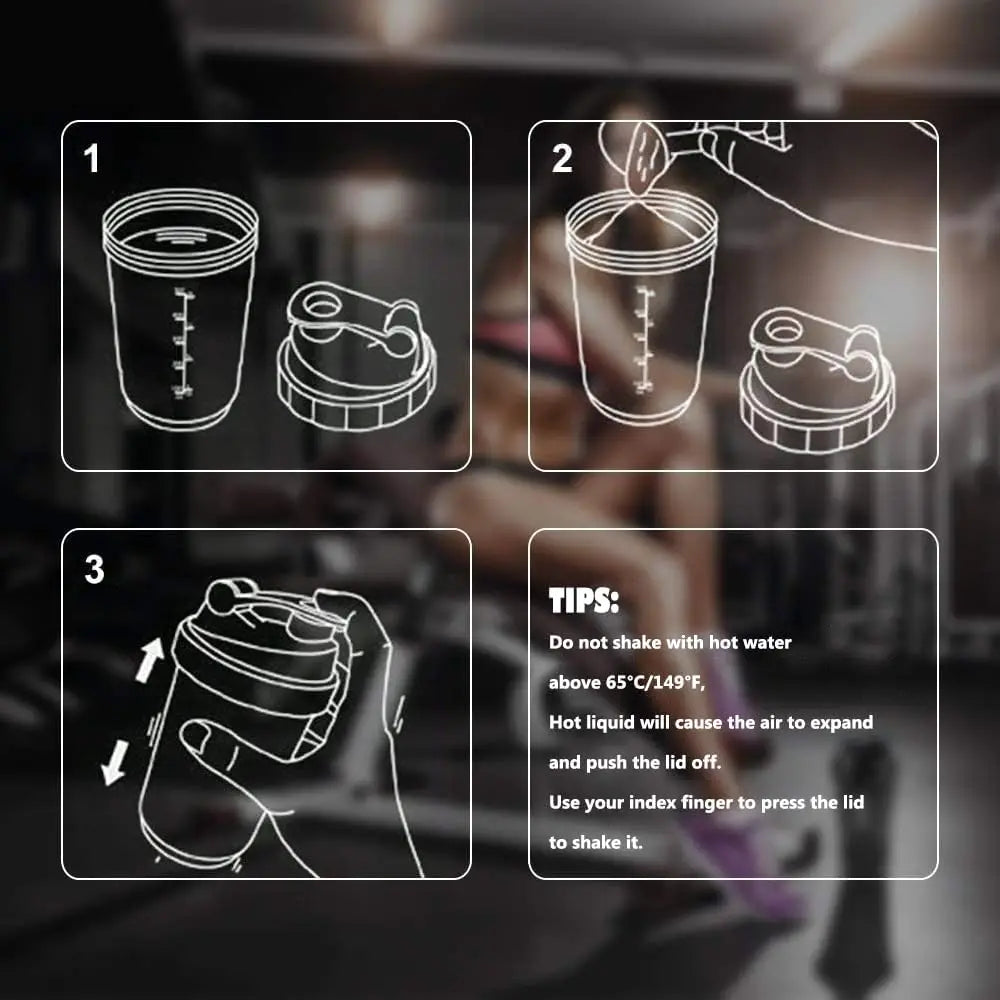 Instructions on how to use a protein shaker bottle with step by step diagrams