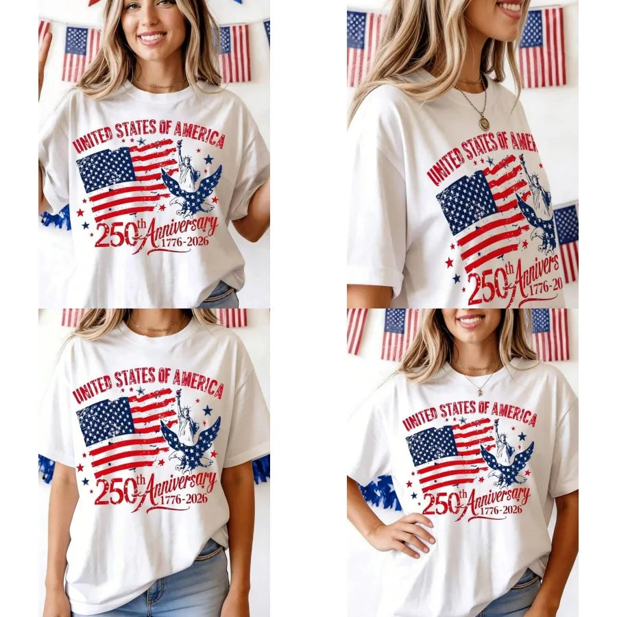 A white t-shirt with American flag, eagle, Statue of Liberty and 250th anniversary print, worn by a woman.