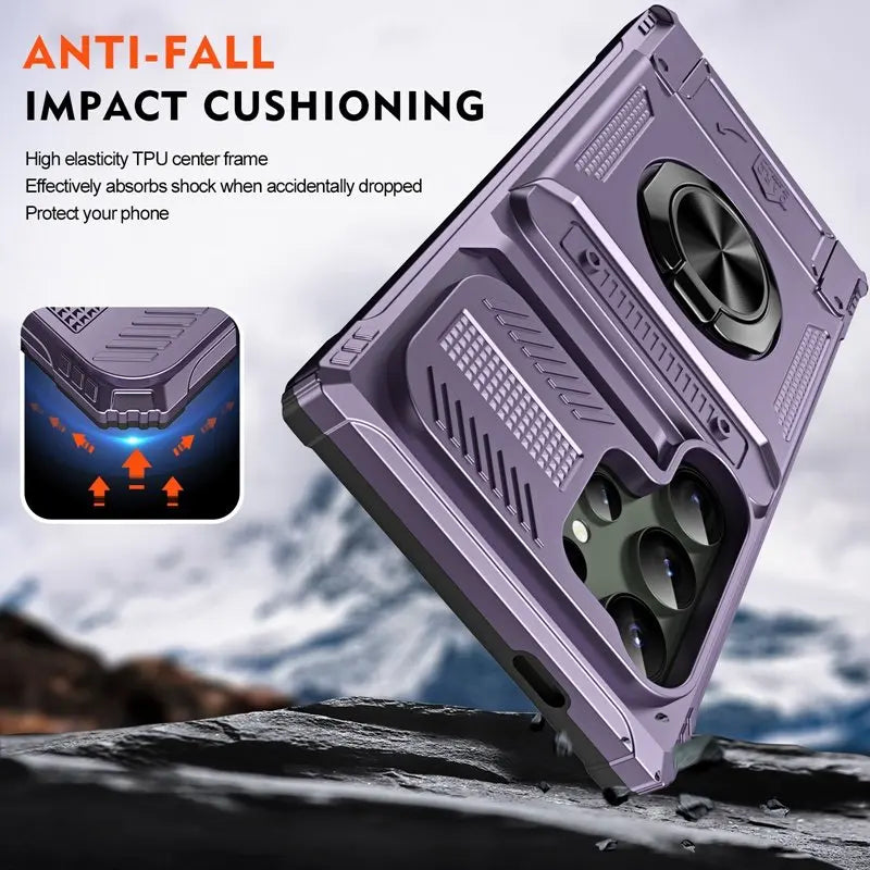 Purple impact-resistant phone case highlighting reinforced corner cushioning for shock absorption.