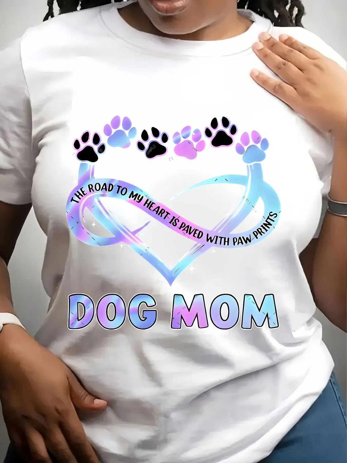 White crew neck t-shirt with Dog Mom infinity heart and paw print design
