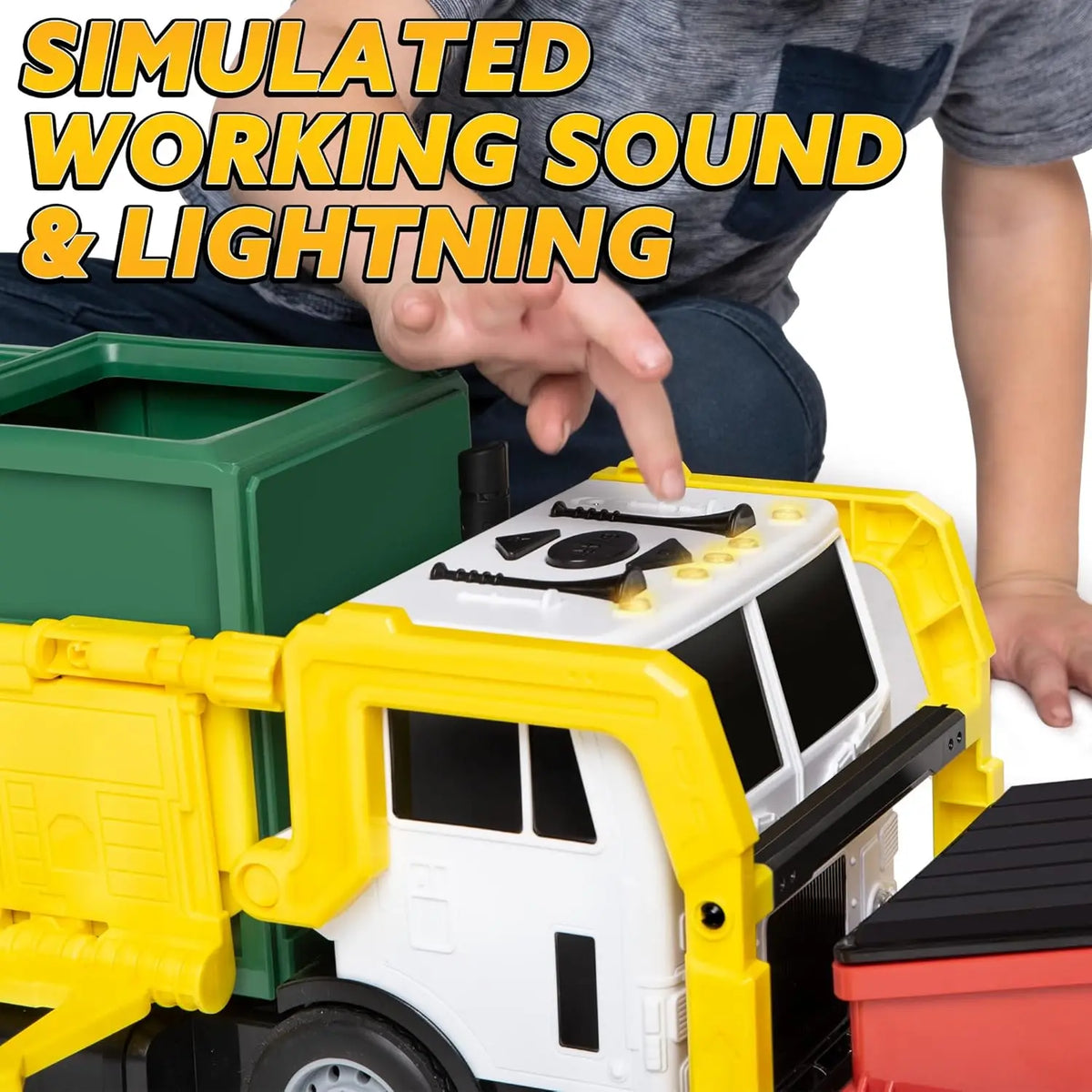 Hand pressing buttons on top of a toy garbage truck cab to activate sound and light effects