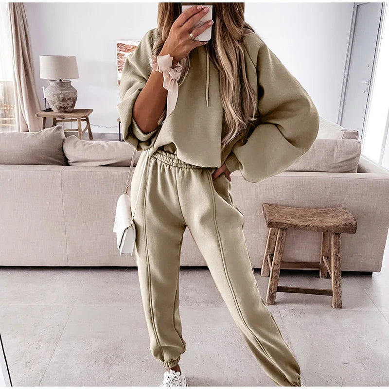 Women’s Polyester Knit Tracksuit, Long Sleeve Hoodie and Sports Pants Set – D