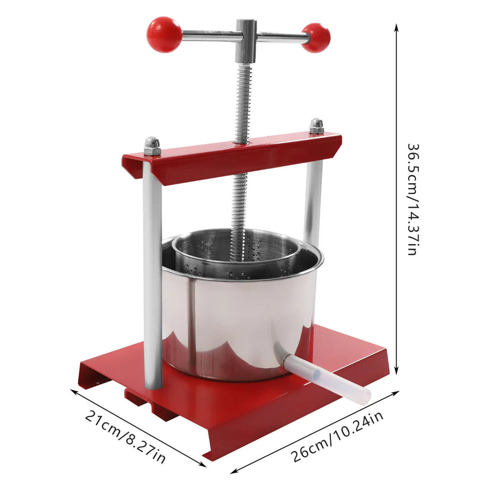 Manual fruit and herb press with stainless steel basket and red metal frame showing product dimensions