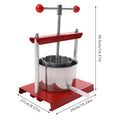 Manual fruit and herb press with stainless steel basket and red metal frame showing product dimensions