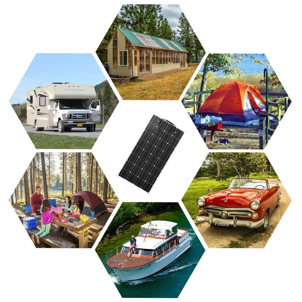 Collage showing various uses for a flexible solar panel including on RVs, boats, and camping