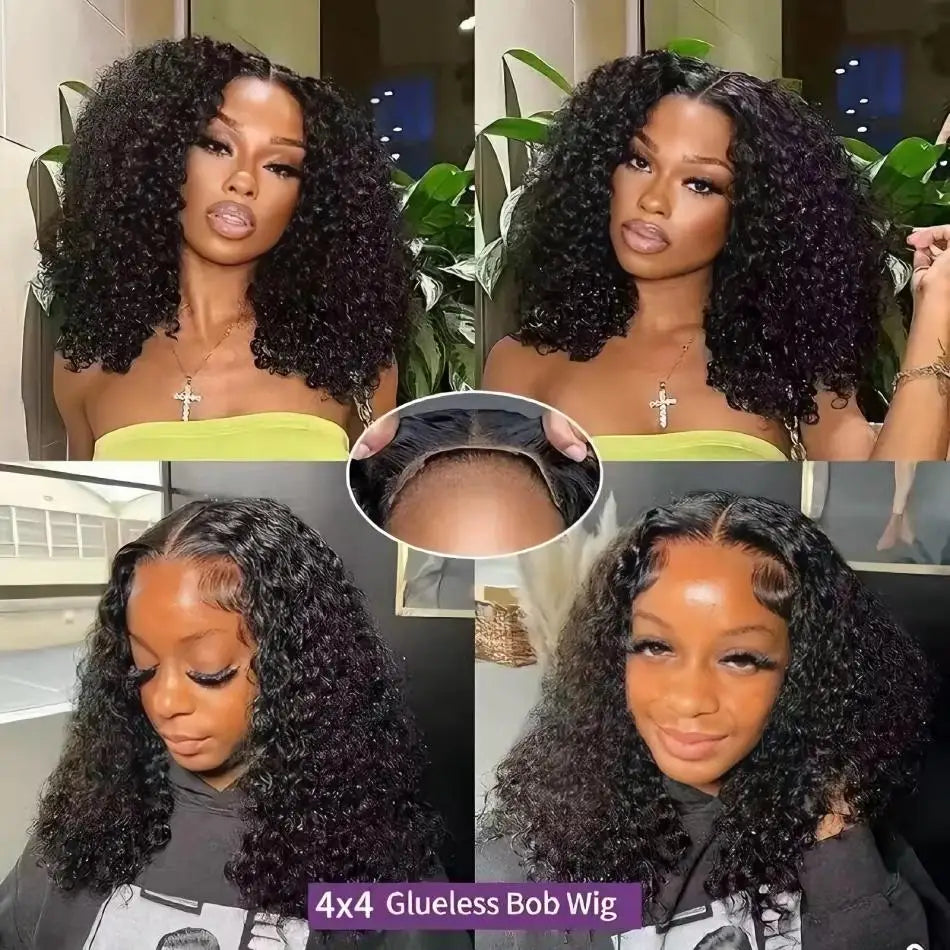 Multiple angles of a woman wearing a 4x4 glueless curly bob wig, showing the lace construction
