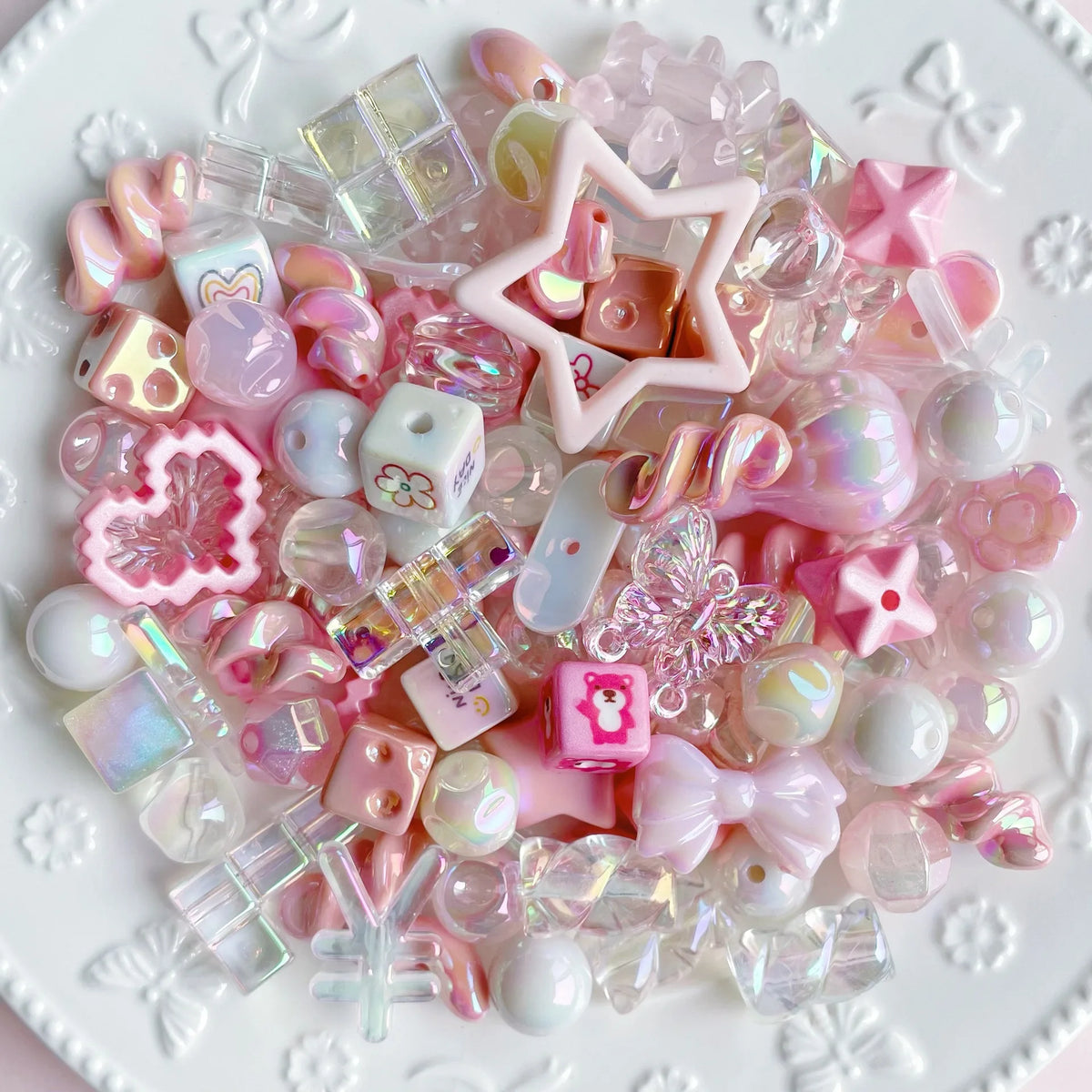 20g Y2K Acrylic Mixed Bowknot, Flower, and Heart Beads for DIY Jewelry – B Pink