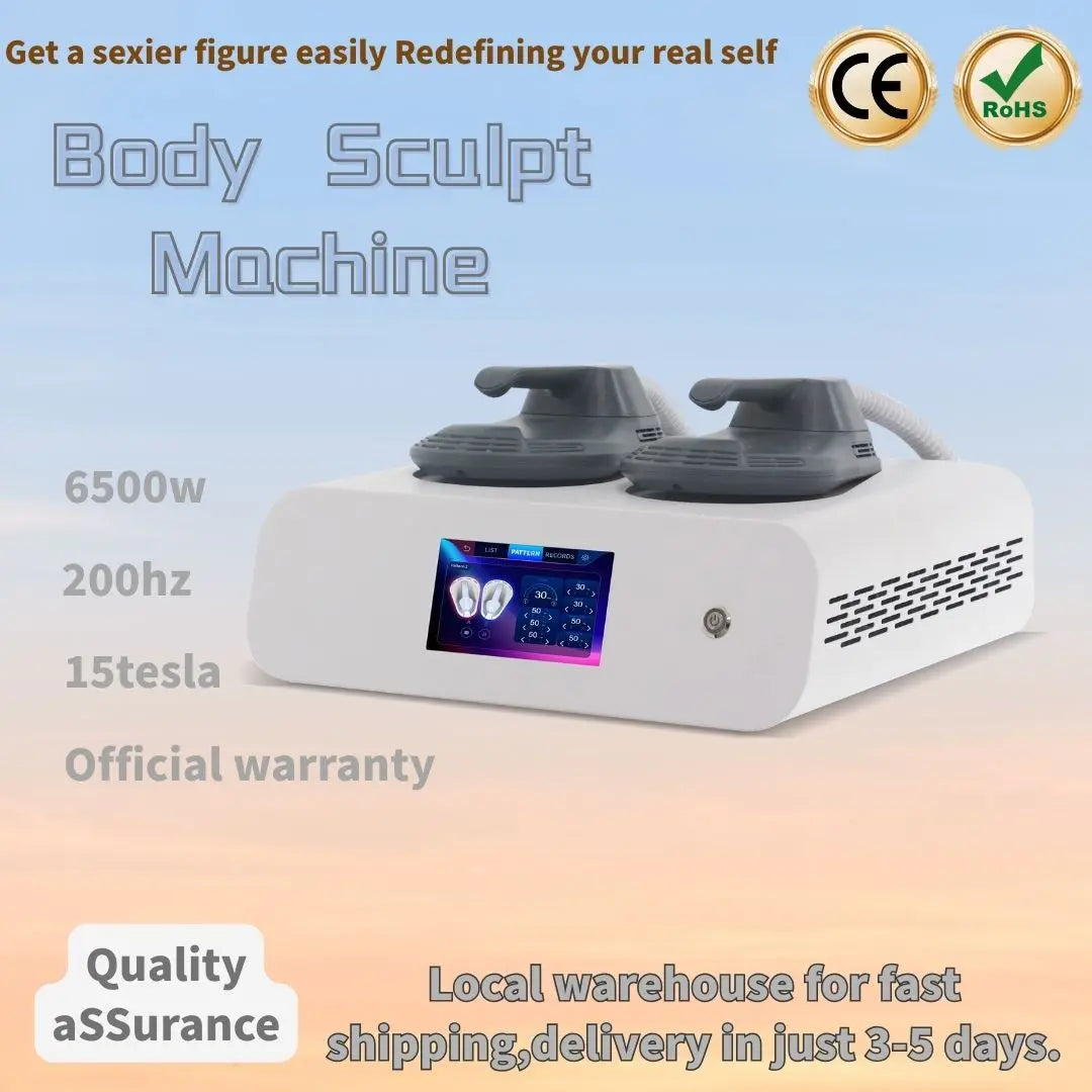 Portable electromagnetic body sculpting and muscle stimulation machine with two applicators and touch screen interface