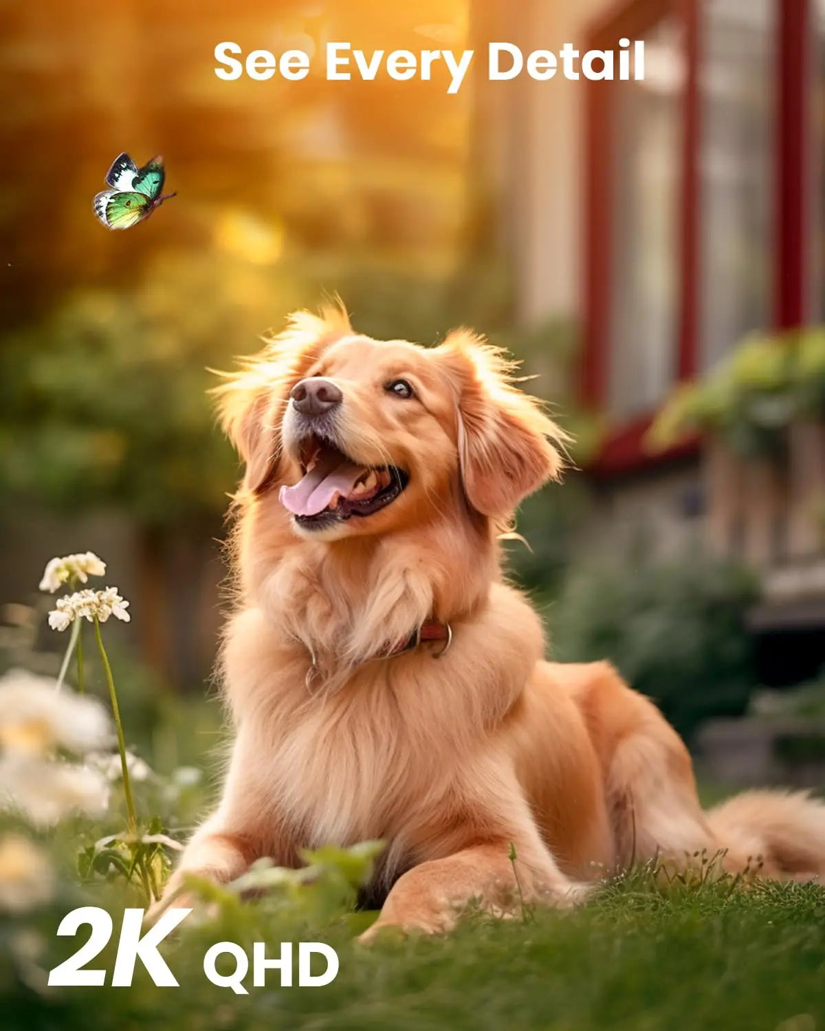 Outdoor security camera view of a dog in a garden with a butterfly