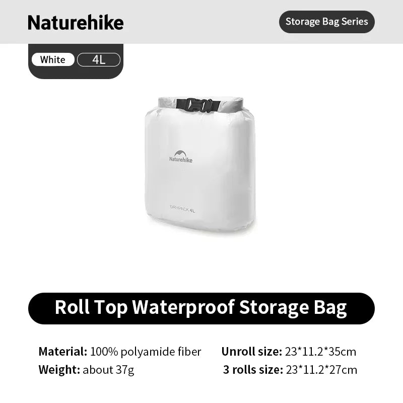 Naturehike Rolled Waterproof Storage Bag - Lightweight Compression Organizer – White 4L