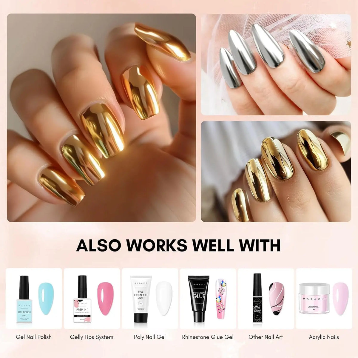 Collage of photos showing hands with long metallic chrome fingernails and a row of various nail art products