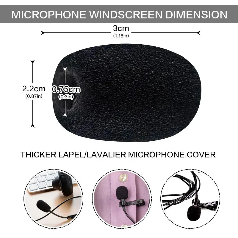 Infographic showing dimensions of a black foam microphone windscreen cover in centimeters and inches