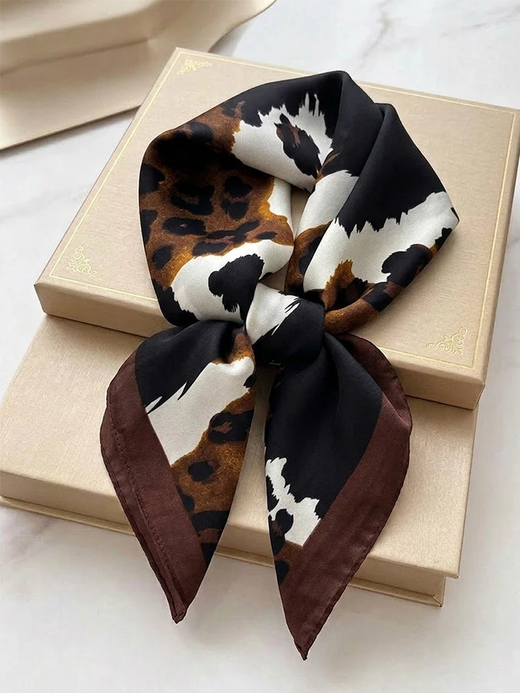 Retro Leopard Print Scarf - 70cm Polyester Square Headwear – Chocolate