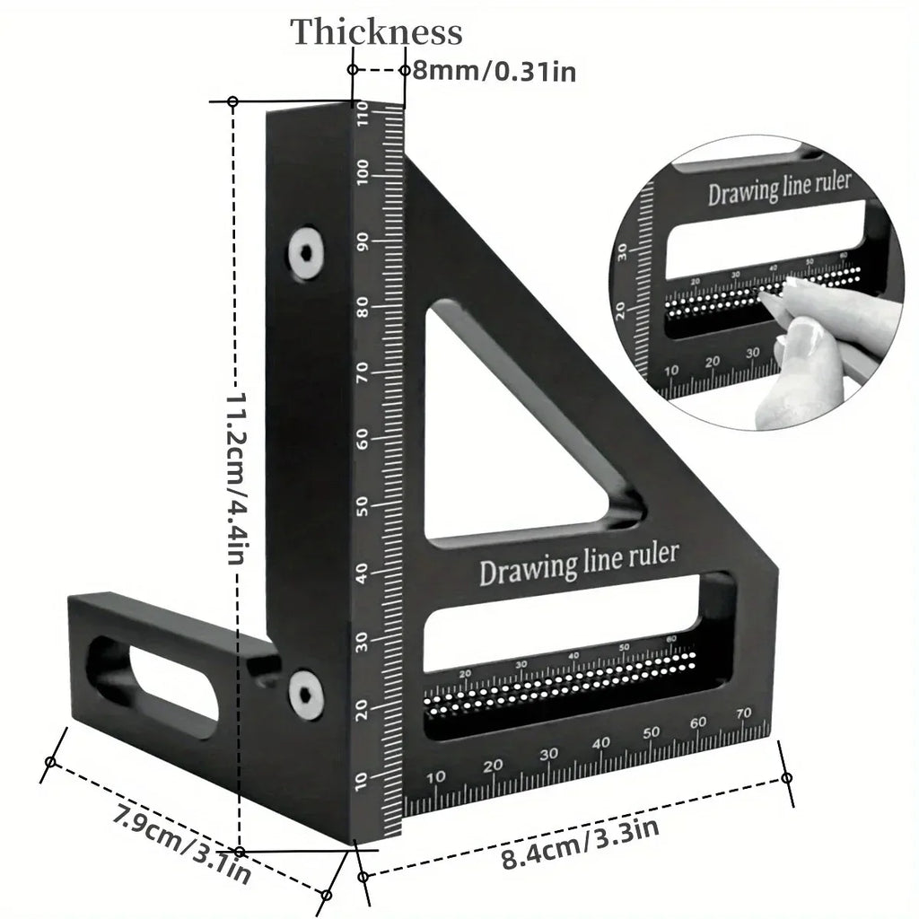 Dimensions of black multi-angle carpenter square with hand using it