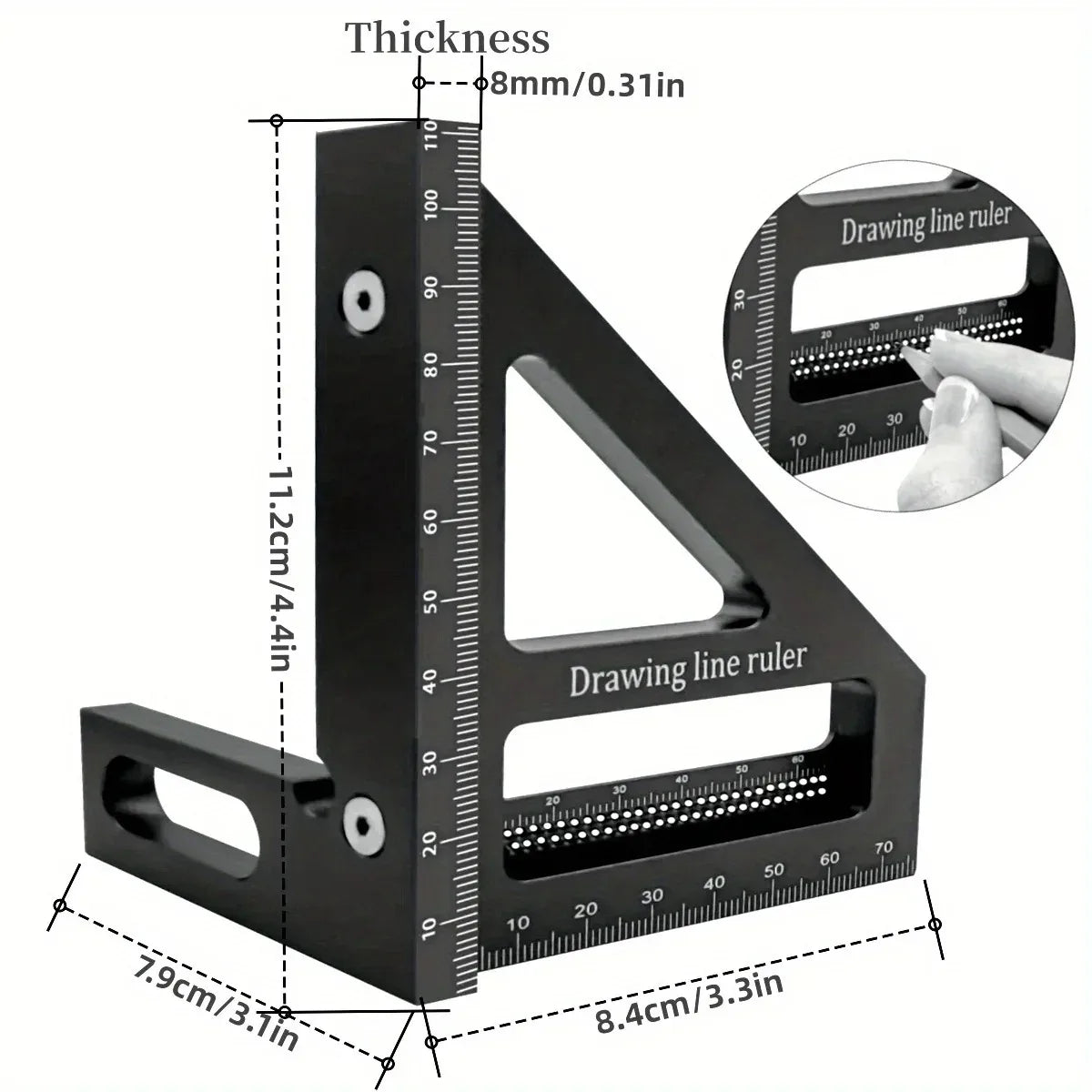Dimensions of black multi-angle carpenter square with hand using it
