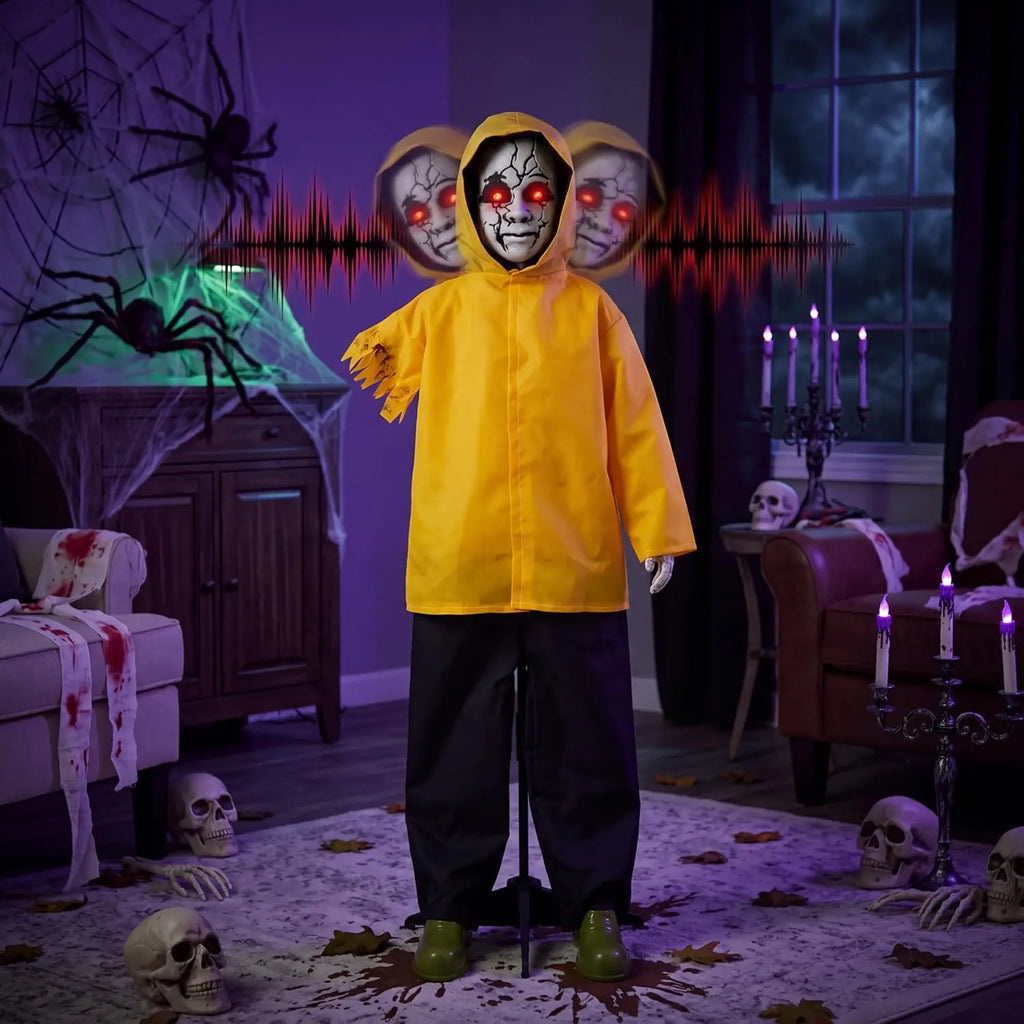 Life-sized Halloween ghost animatronic in a yellow raincoat with red glowing eyes inside a house