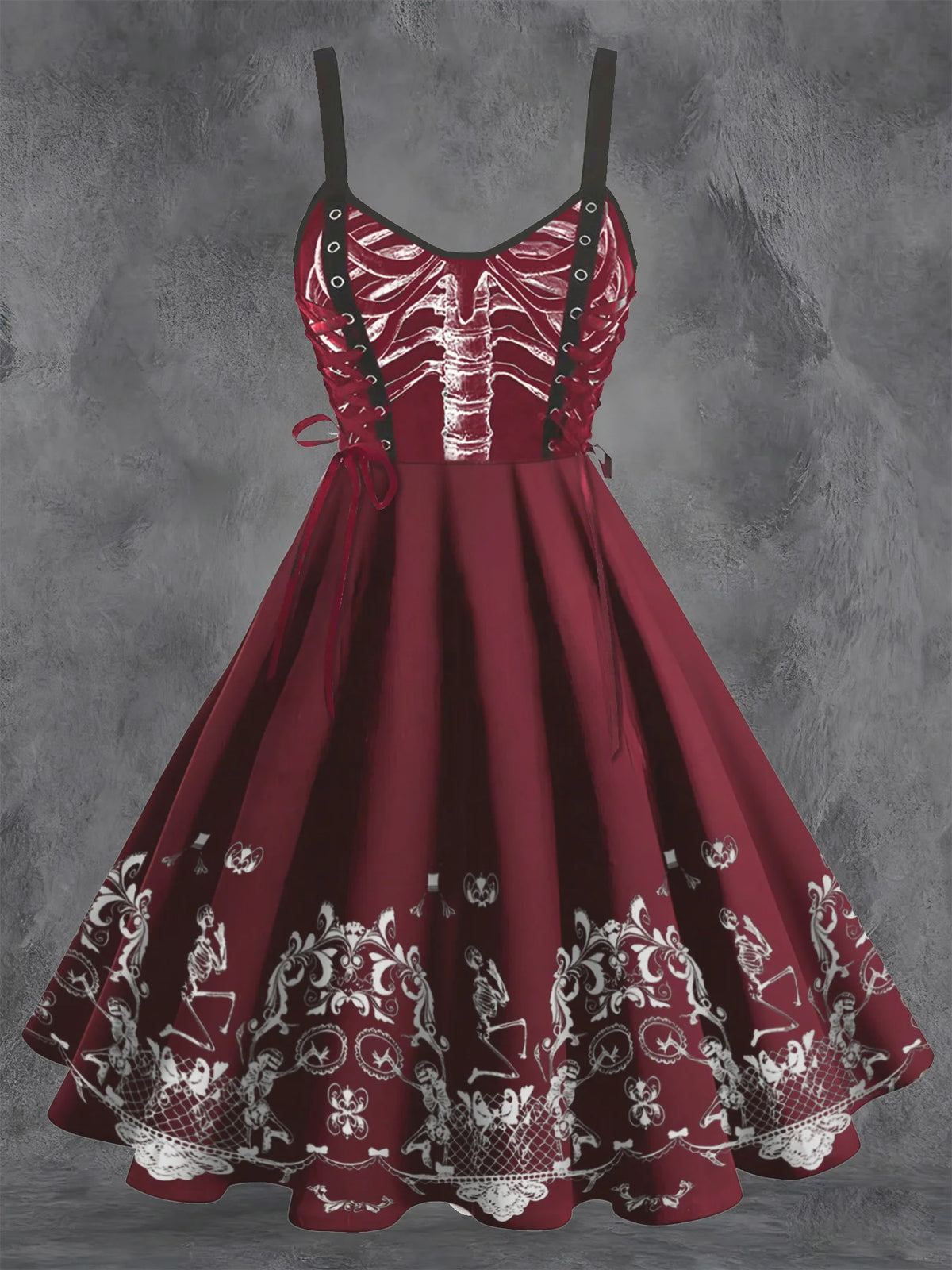 Plus Size Gothic Graphic Print Dress with Lace-Up Detail – Red