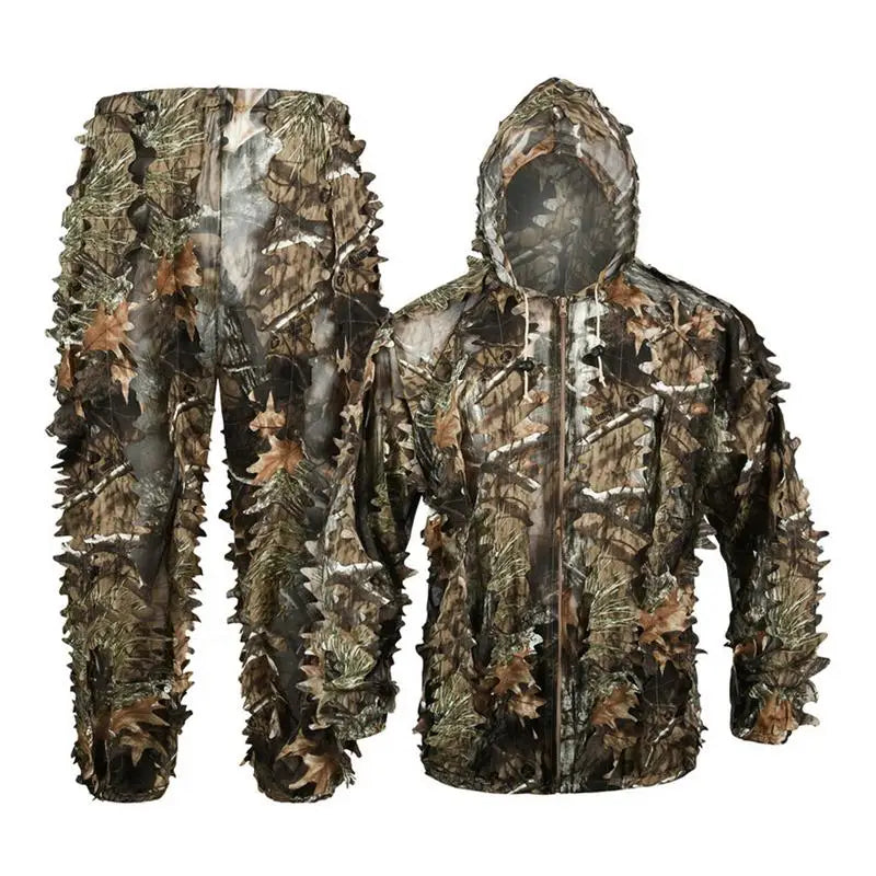 Unisex 3D leaf woodland camouflage ghillie suit including hooded jacket and trousers.