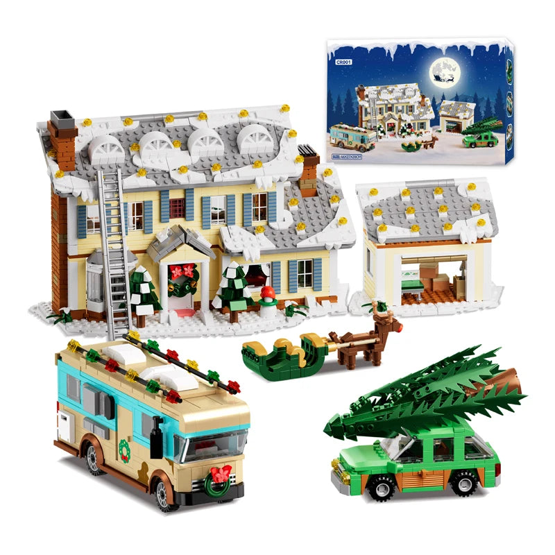 1950+PCS Classic Movie Christmas Vacation House Building Block Kit Winter Snow Village Model With RV Garage & Reindeer – With Original Box