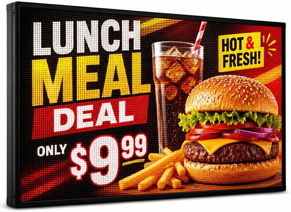 A large outdoor LED digital sign showing a restaurant lunch meal deal advertisement with a burger, drink, and fries.