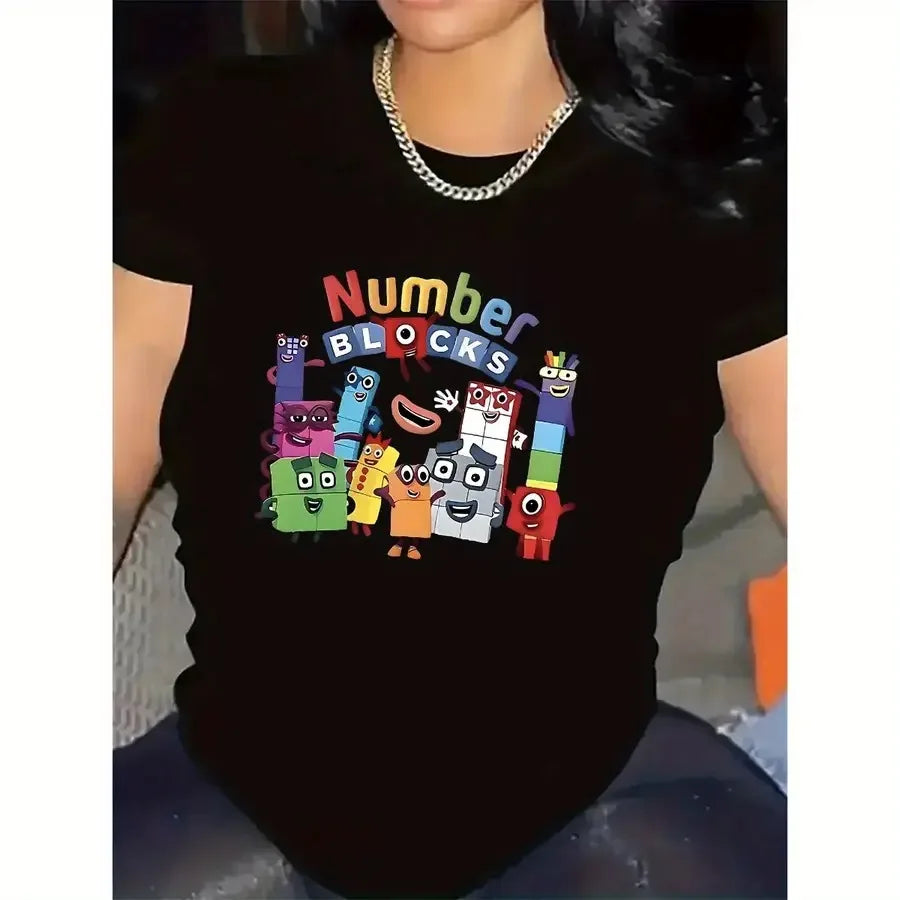 A woman wearing a black short sleeve t-shirt with a cartoon number character print.