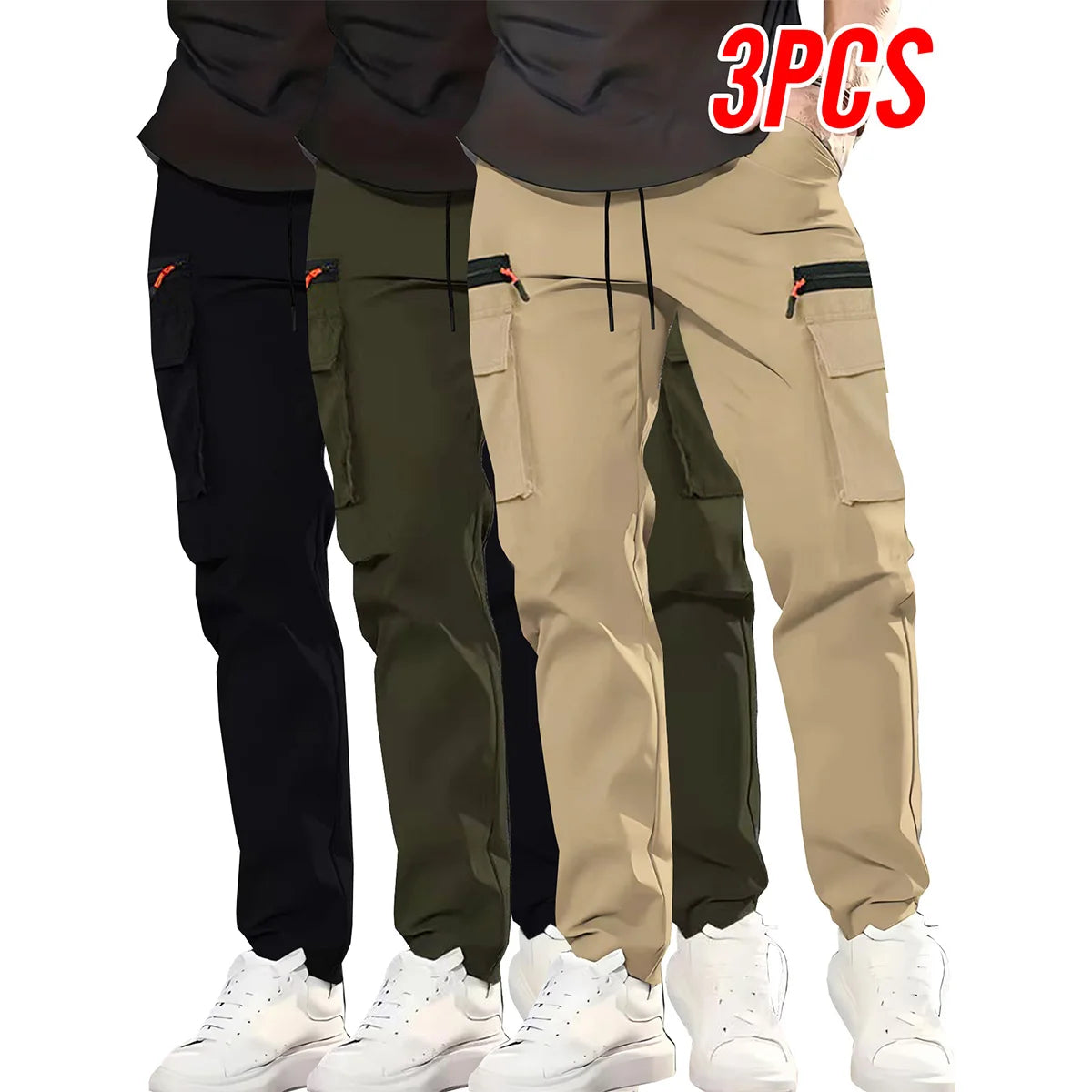3-Pack Multi-Pocket Cargo Pants, Safari Style Straight Leg Trousers – 3PCS