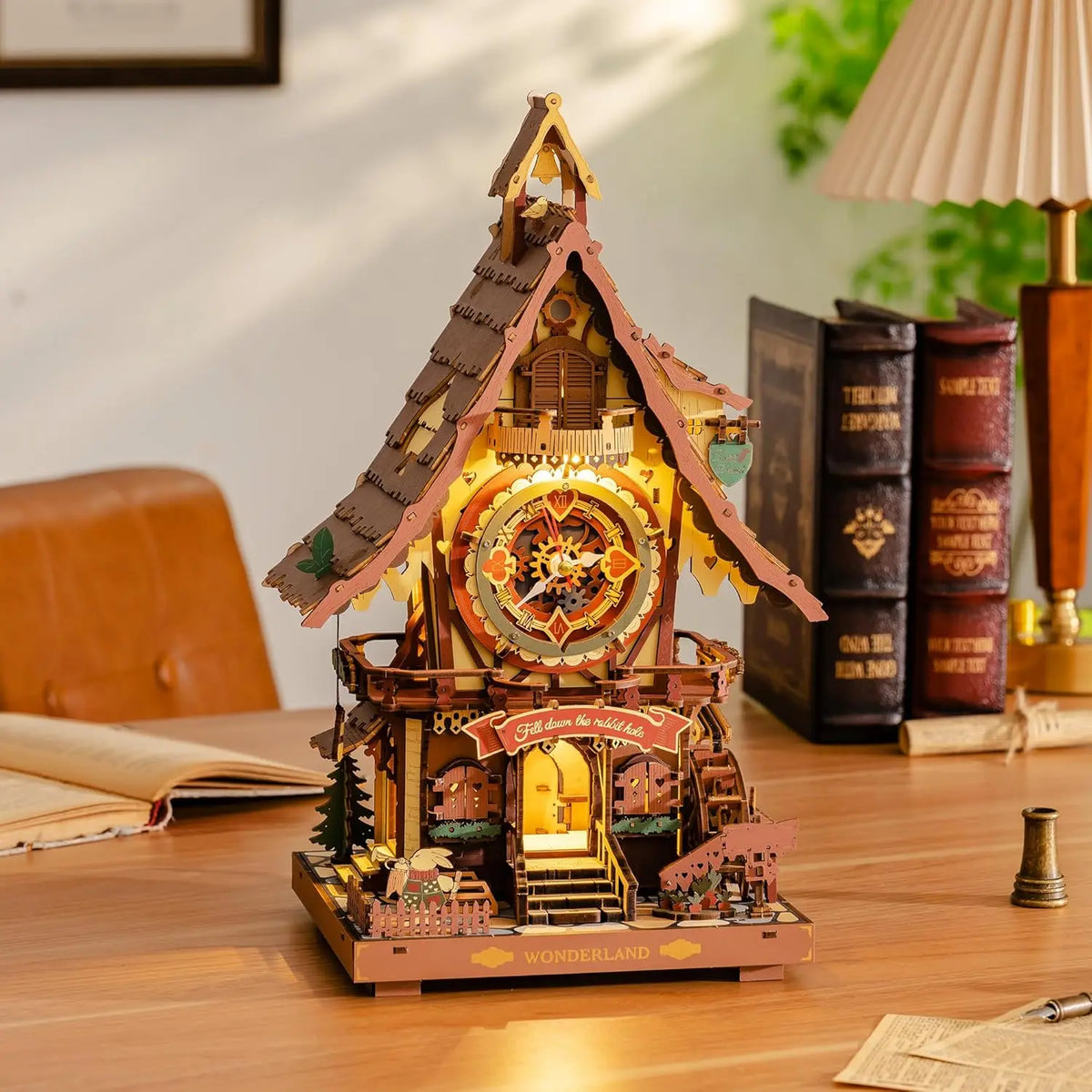 Finished 3D wooden cuckoo clock puzzle on a desk