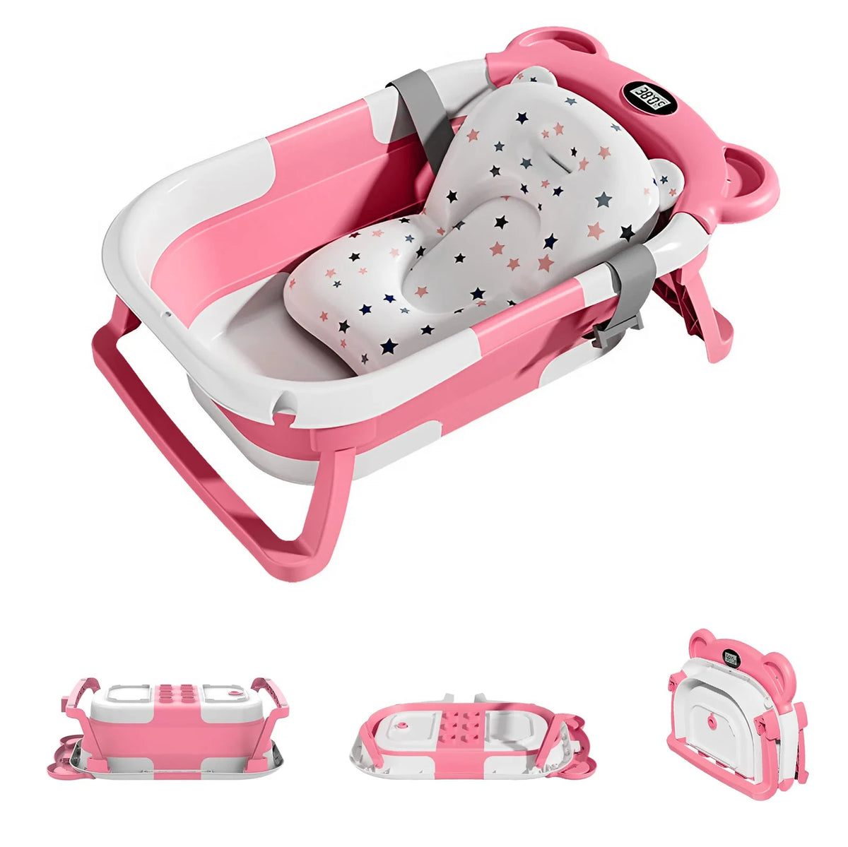 Collapsible Baby Bathtub with Thermometer and Floating Cushion – Pink