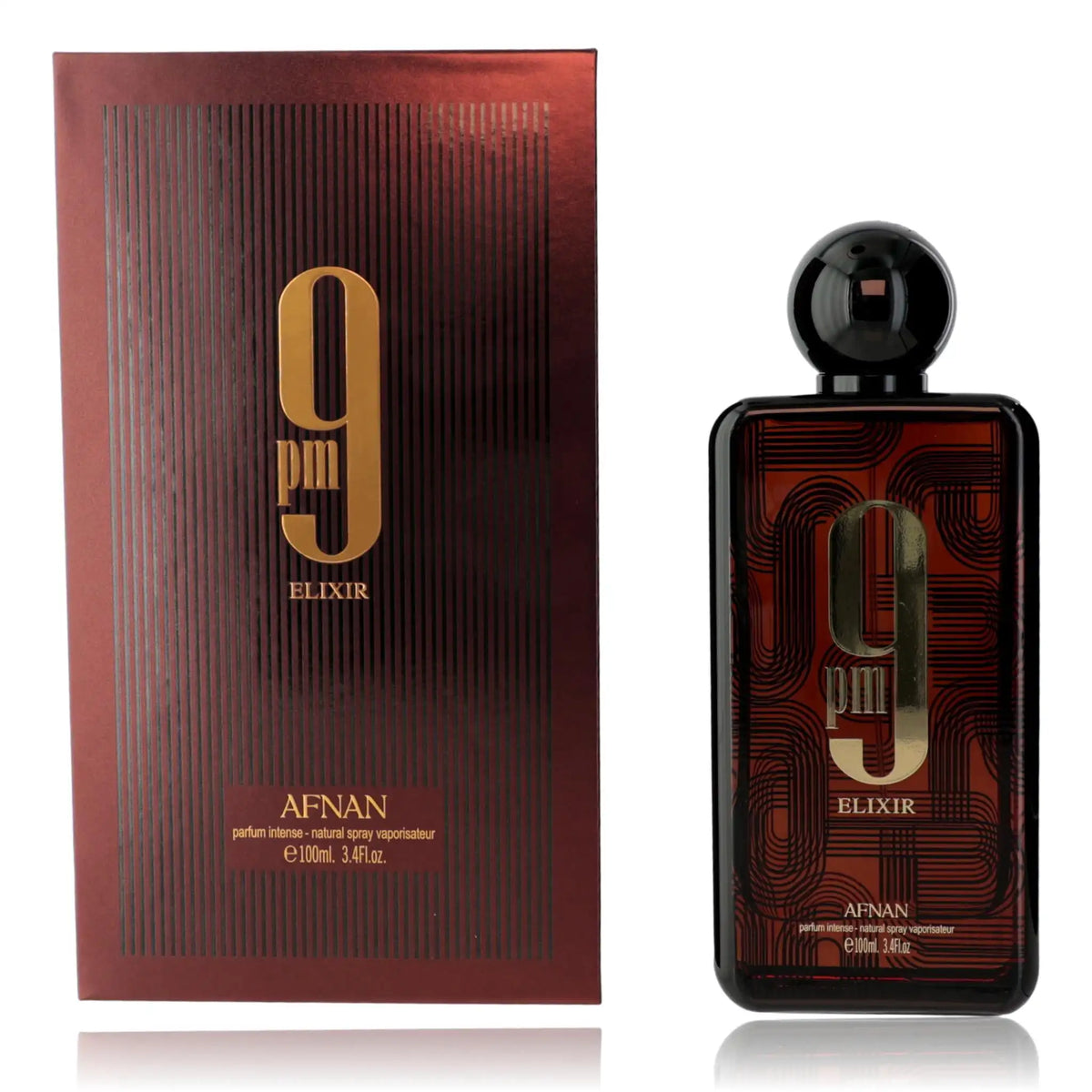 Brown fragrance bottle and box, white background