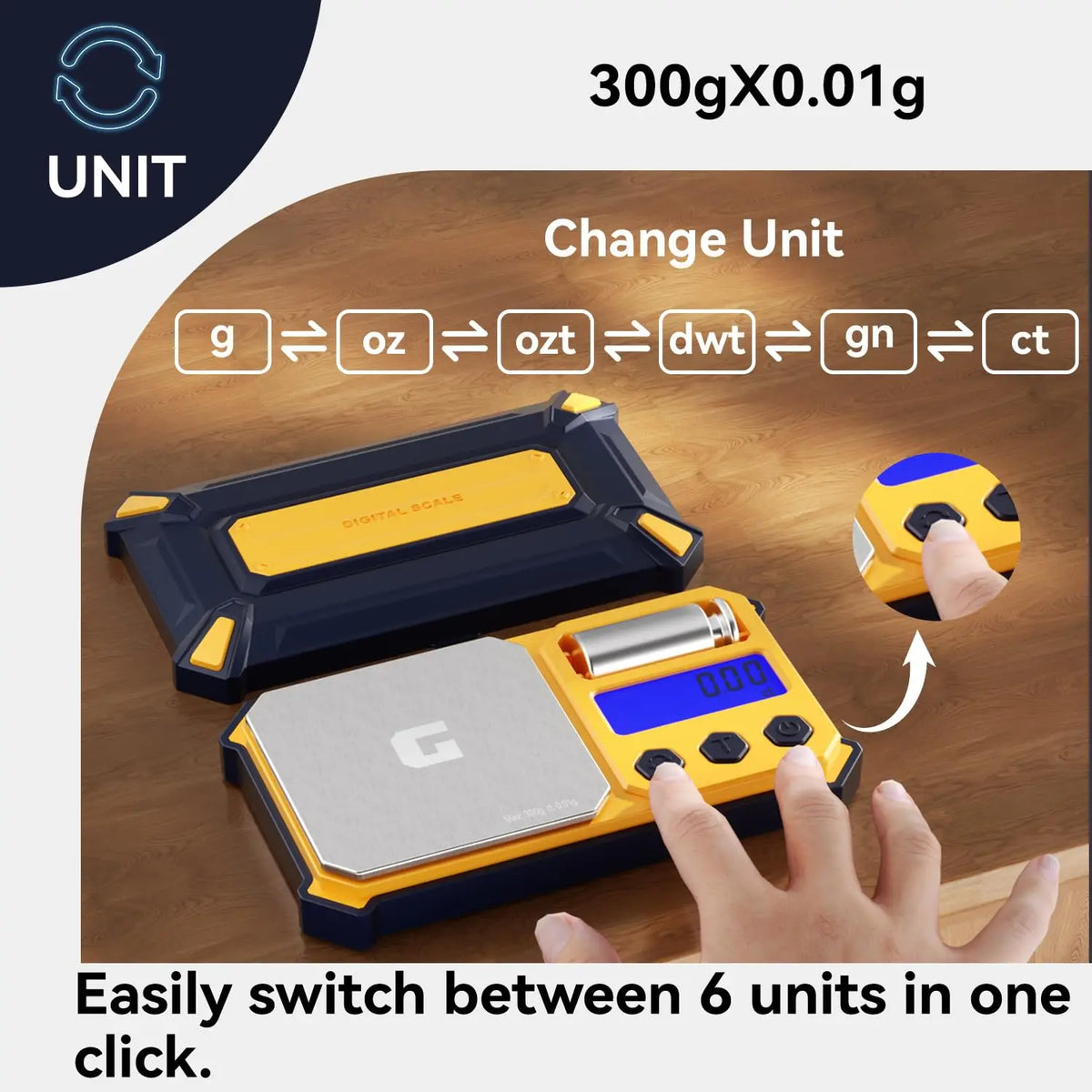Digital gram scale showing unit conversion options with a hand pressing buttons