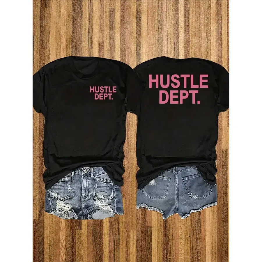 A black short-sleeved cotton t-shirt with pink Hustle Dept text on the front and back, paired with denim shorts.