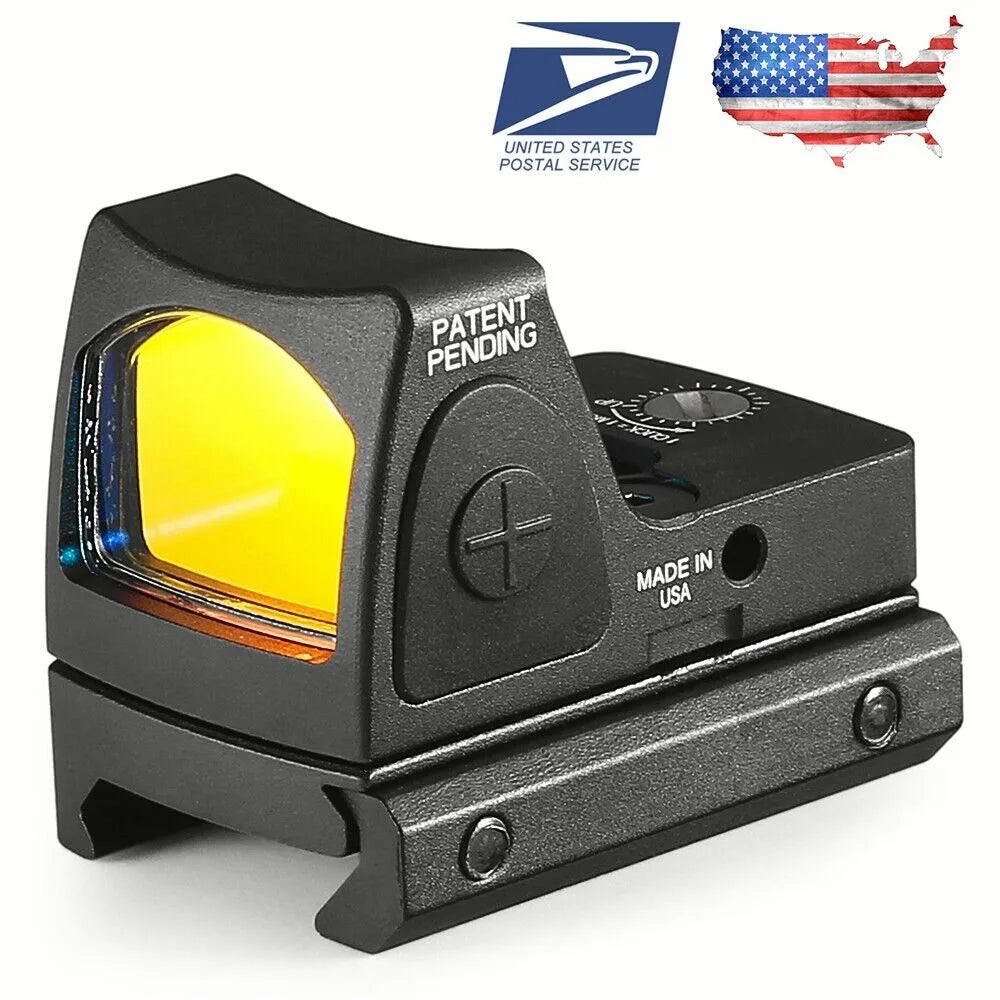 Black miniature red dot reflex sight with yellow lens