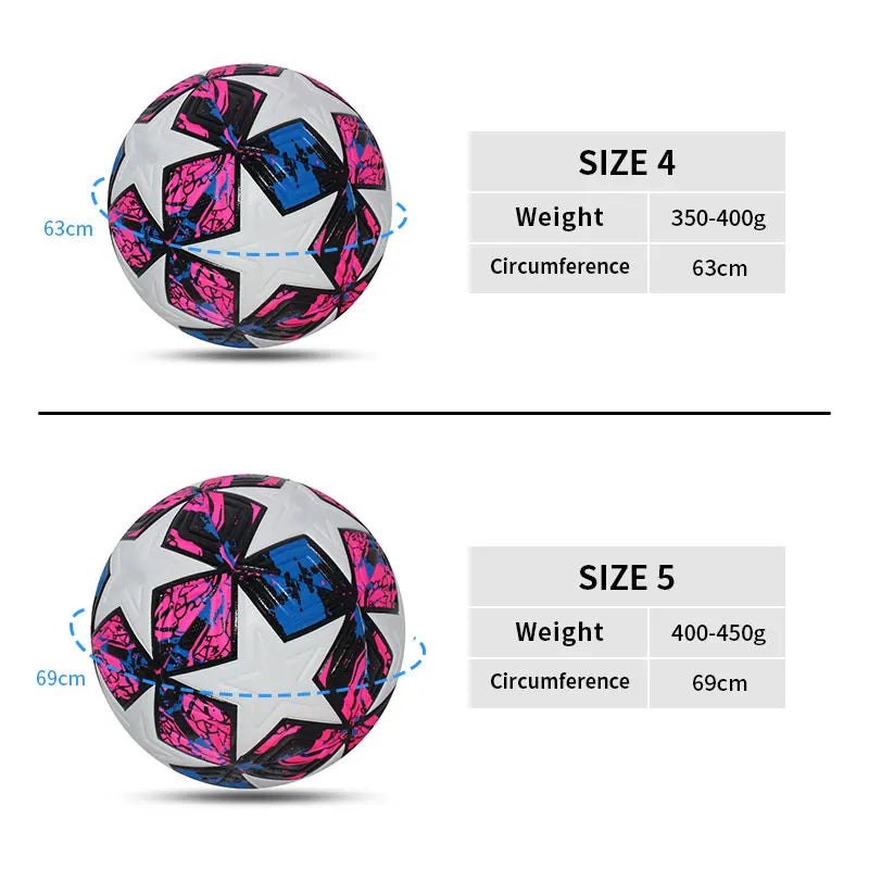 Comparison of size 4 and size 5 soccer balls with weight and circumference specifications