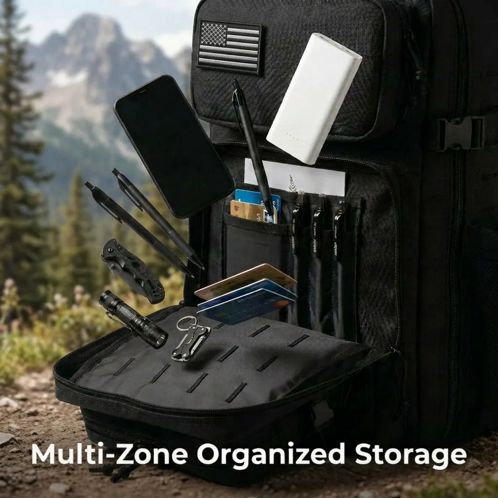 A black tactical backpack with an open front pocket displaying organized EDC gear like pens, cards, and a power bank.