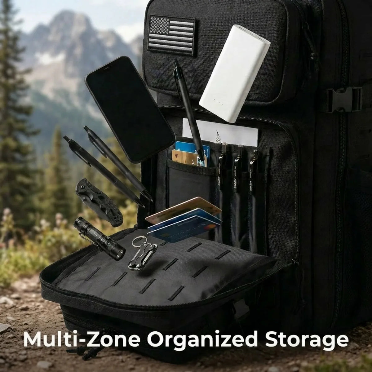 A black tactical backpack with an open front pocket displaying organized EDC gear like pens, cards, and a power bank.
