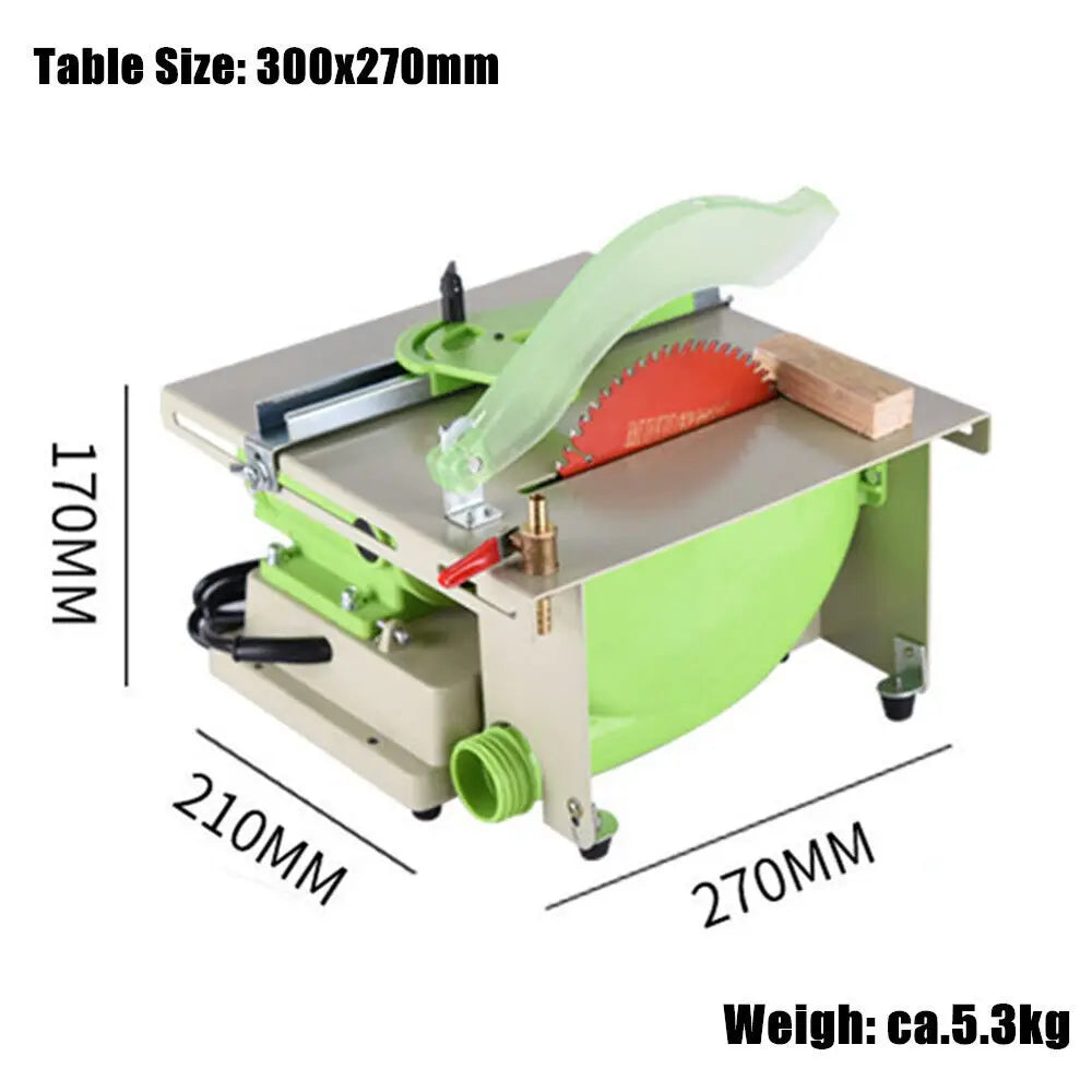 Small desktop table saw and polishing machine with dimensions marked