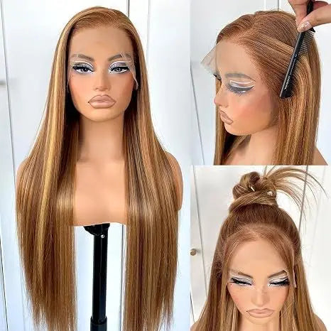 Three views of 16-inch straight honey blonde highlighted human hair lace front wig on a mannequin head