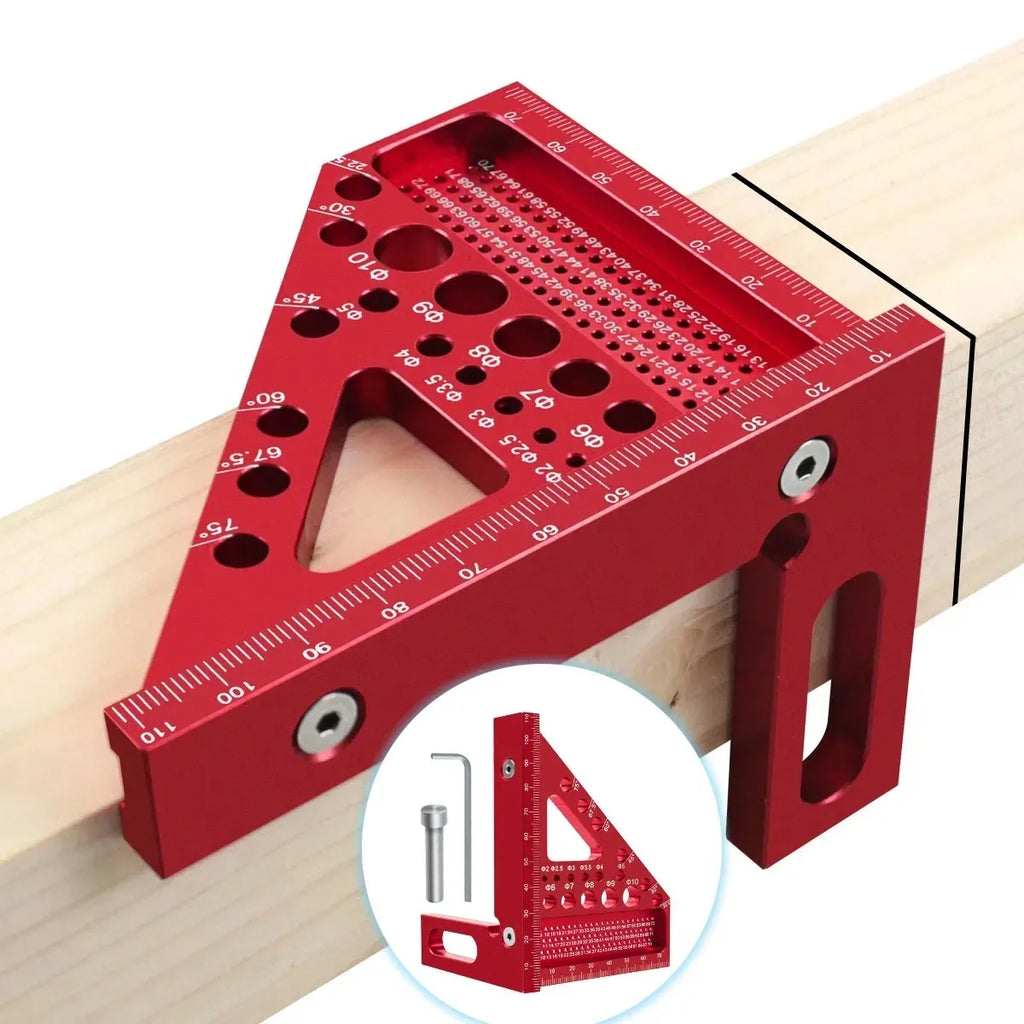 Red multi-angle carpenter square ruler for woodworking on a wooden beam