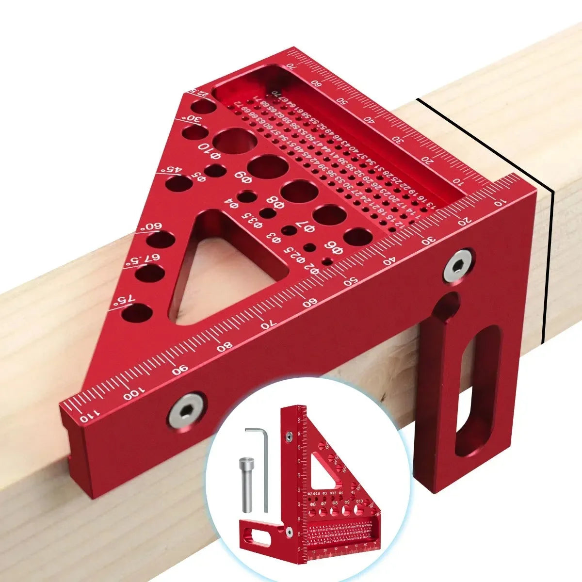 Red multi-angle carpenter square ruler for woodworking on a wooden beam
