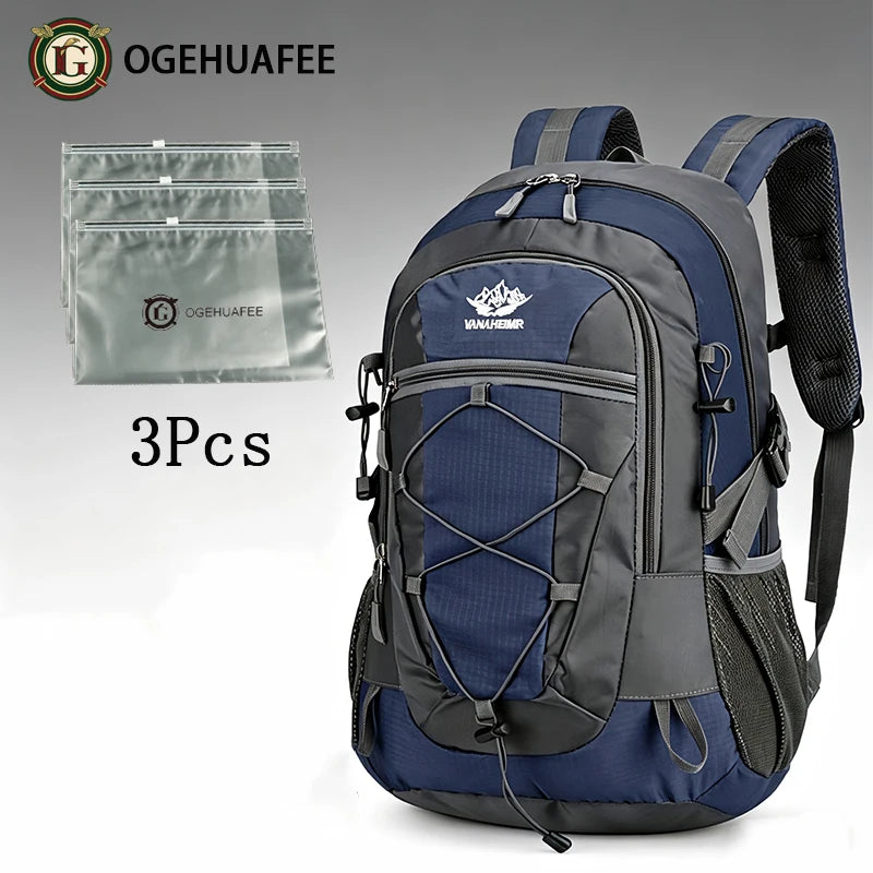 Ogehuafee Unisex Outdoor Hiking Backpack, 20-35 Litre Travel Storage Pack – Blue 4-Piece Set