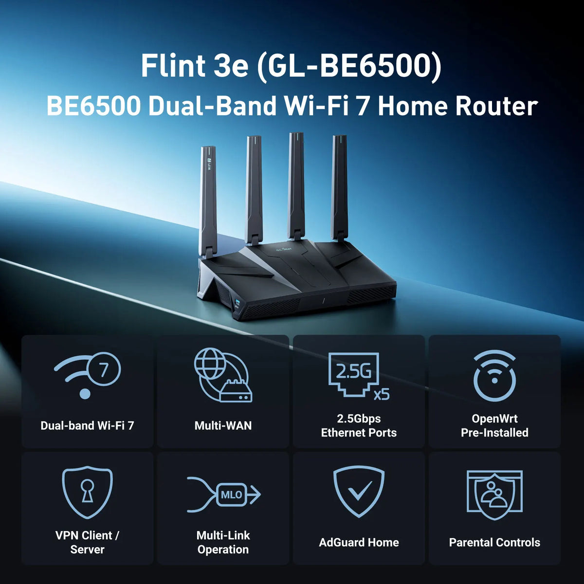 Features infographic of a dual-band Wi-Fi 7 home router, including VPN and port details.