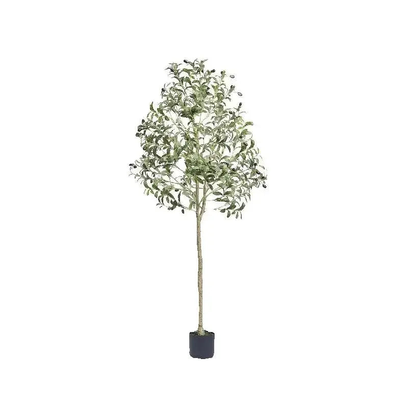 A tall artificial olive tree with green leaves and dark olives in a black pot.