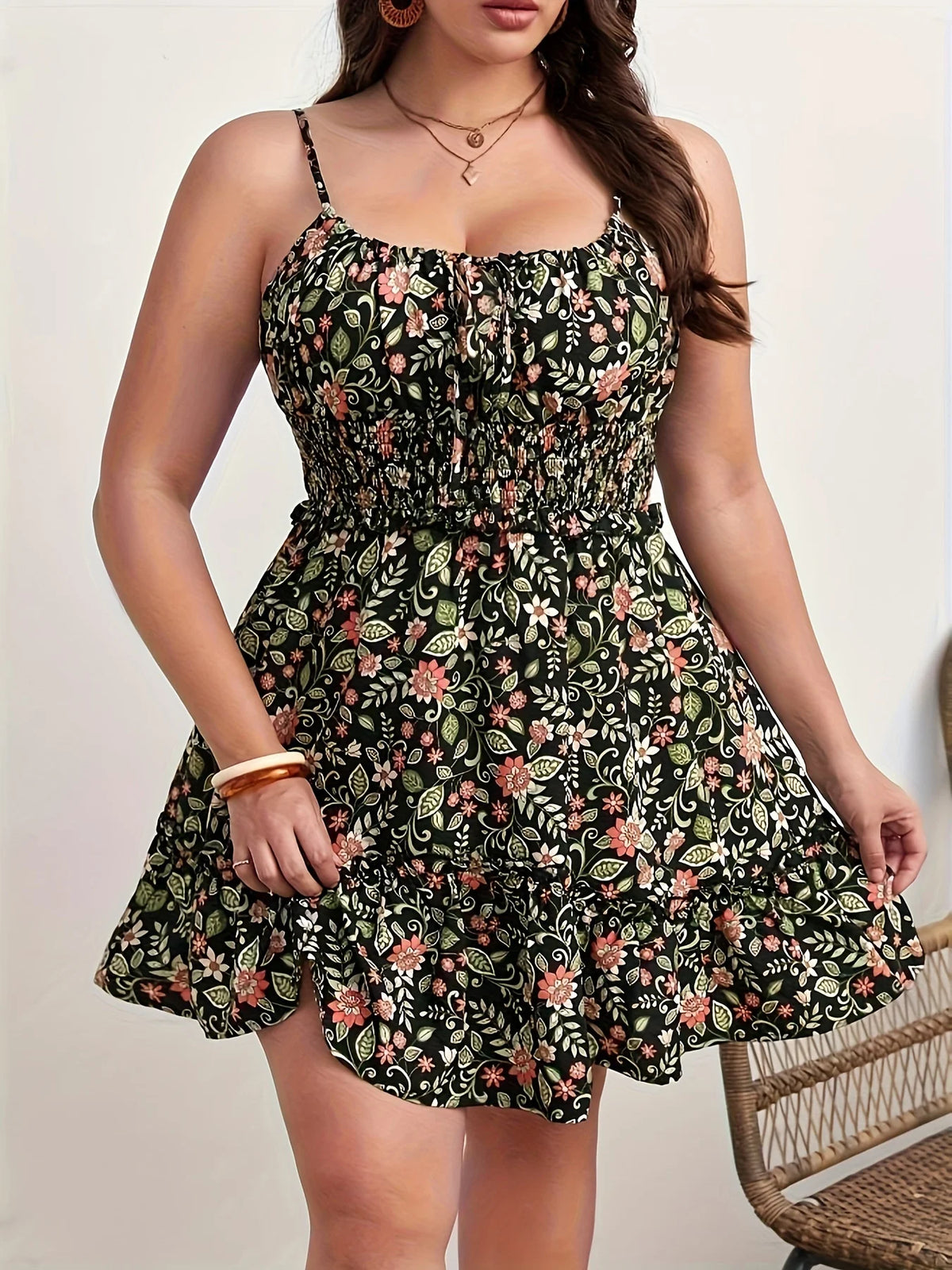 Plus Size Floral Print Sleeveless Summer Dress - Polyester – black