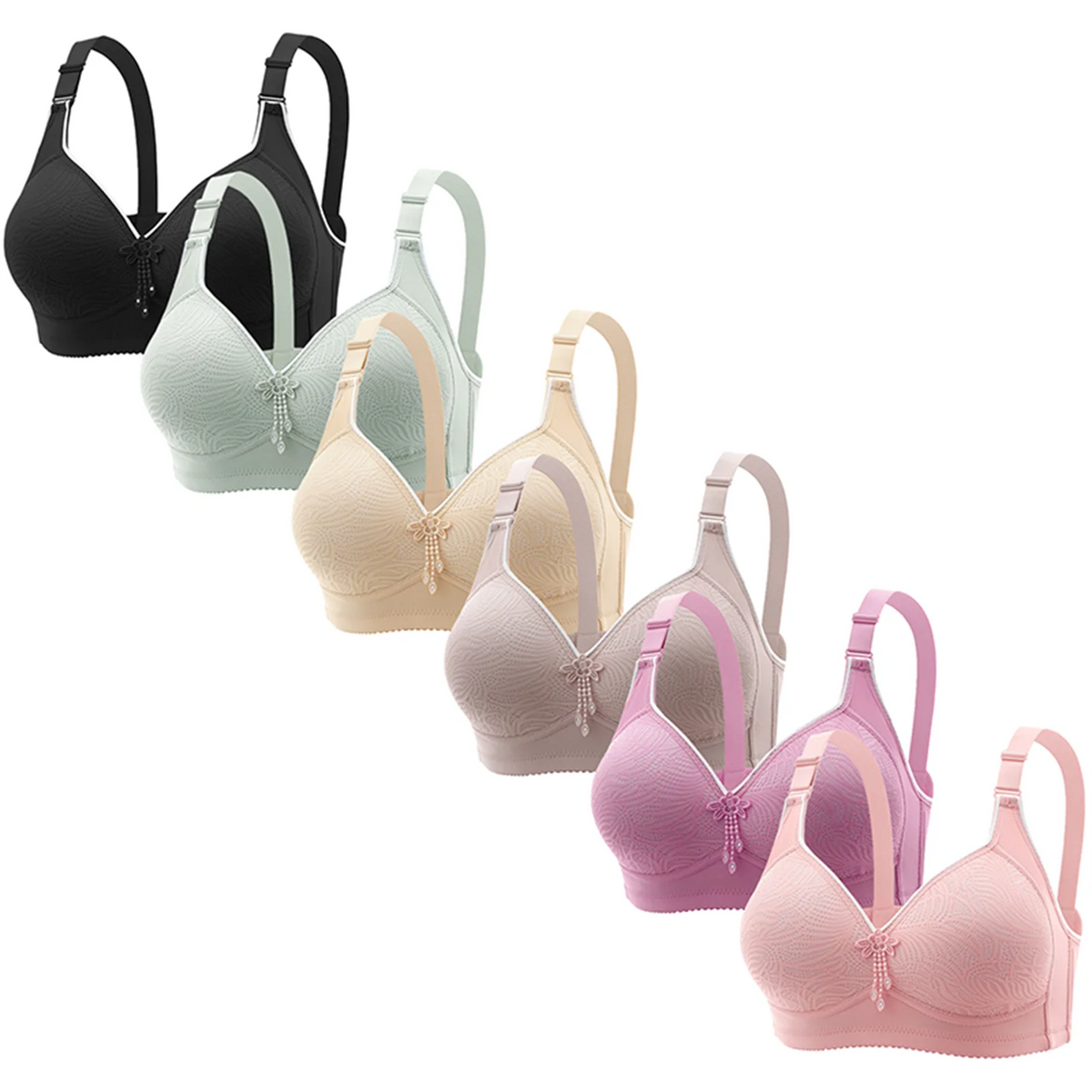 Women's Wire-Free Lace Padded Bra, 6-Piece Set with Adjustable Straps – 6 Pcs