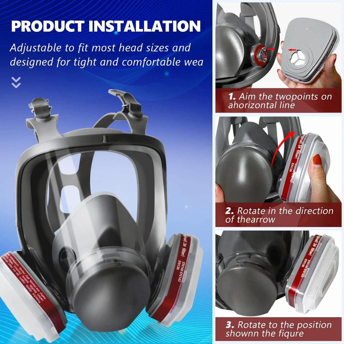 Full face respirator mask installation guide showing how to attach filters