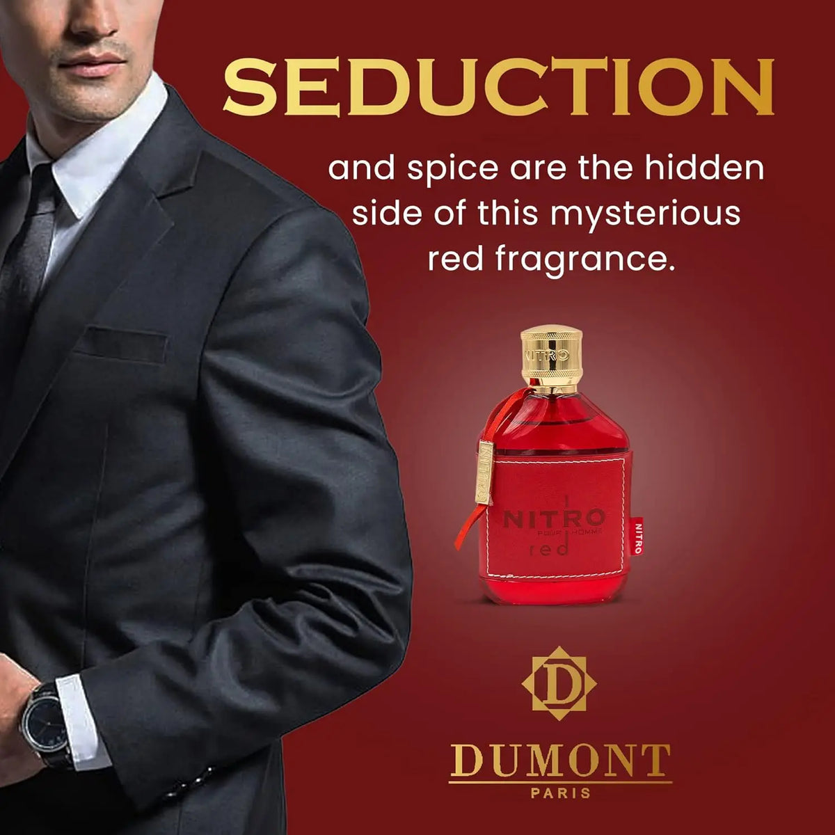 A man in a suit next to a red perfume bottle with marketing text.